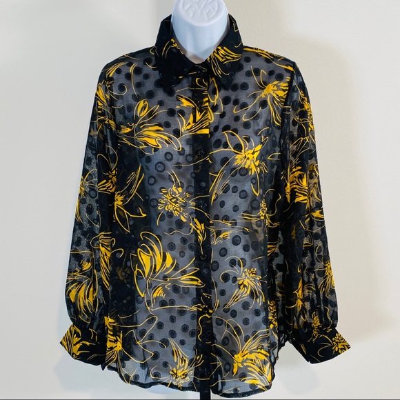 Vintage Black & Gold Sheer Polka Dot & Floral Print Blouse Size M - Picture 3 of 9